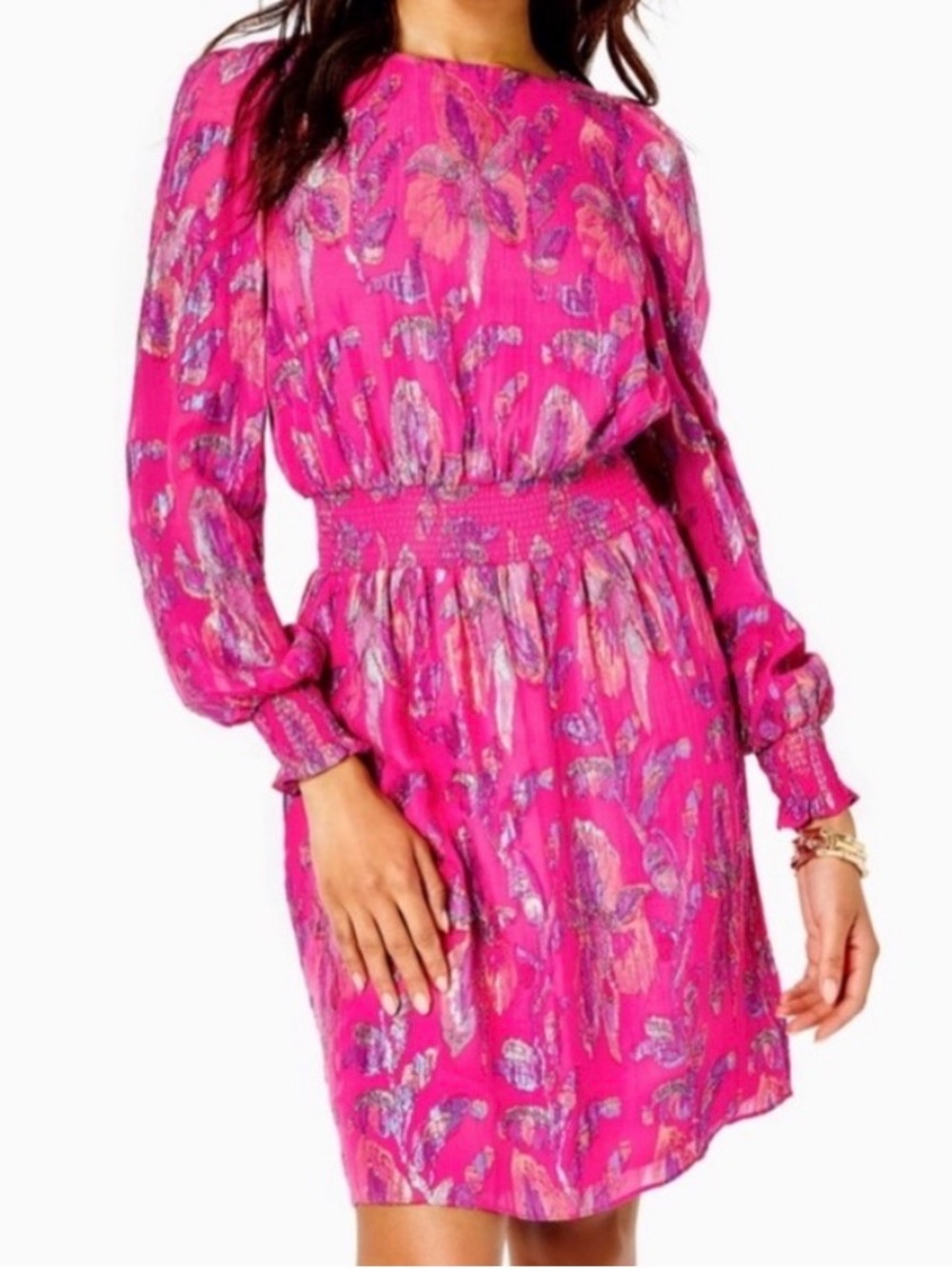Lilly Pulitzer cosita  Hot Pink Floral Long-Sleeve Smocked-Waist Dress